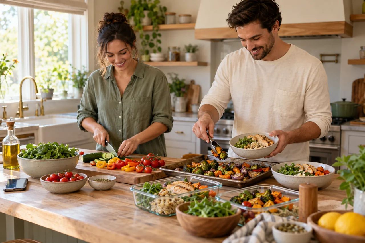 A woman and man preparing colorful meals together in a sunlit kitchen