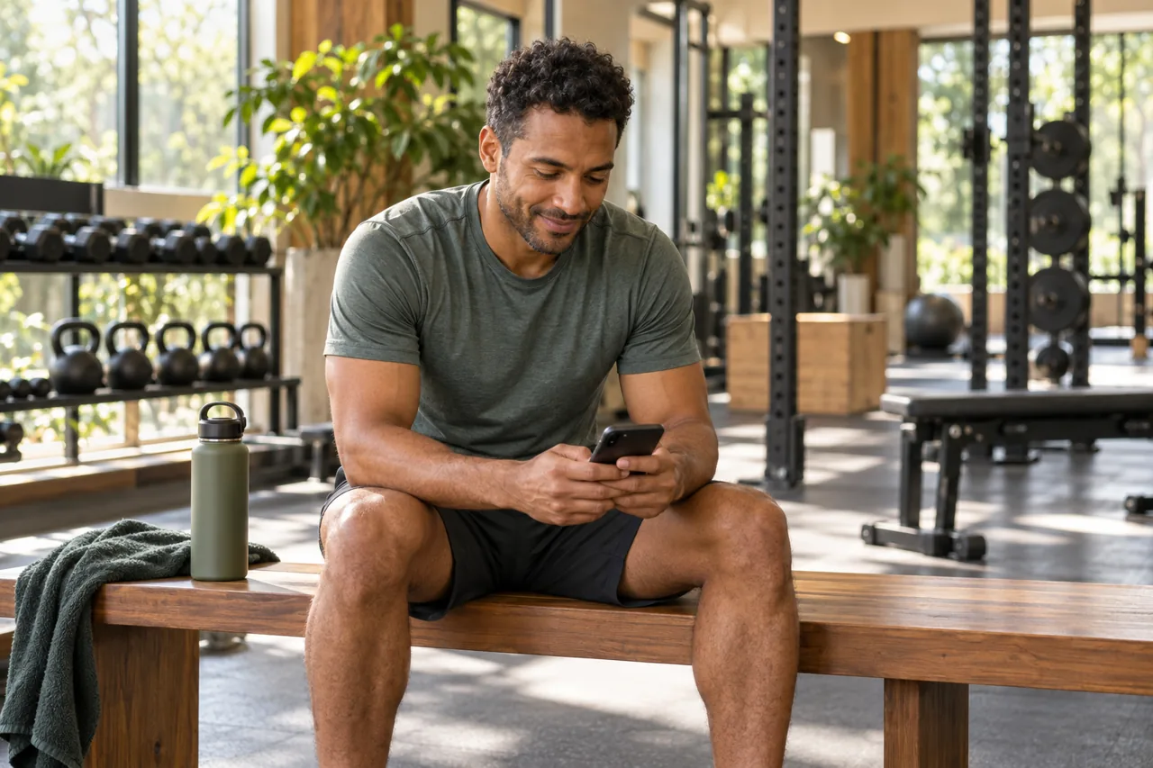 A man reviewing his progress after a gym session