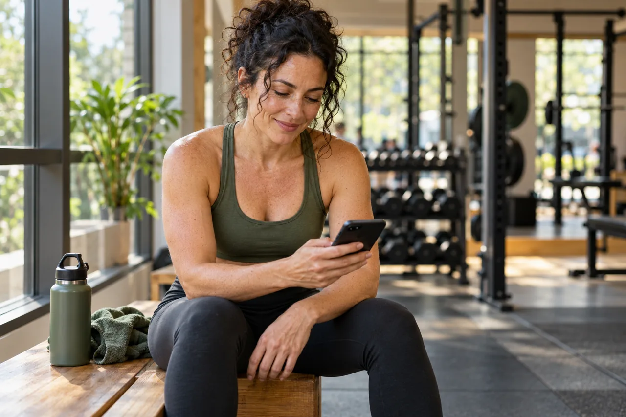 A woman reviewing progress on her phone after training