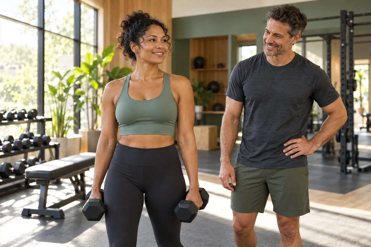 A woman and man training together